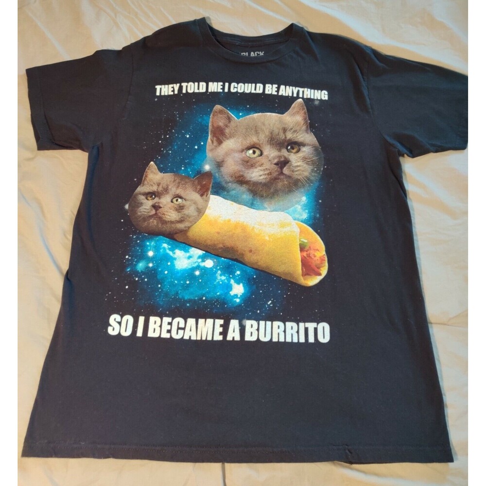 Men's or‎ Womens "I Became a Burrito" Cat Black T-shirt - XLarge. PreOwned.